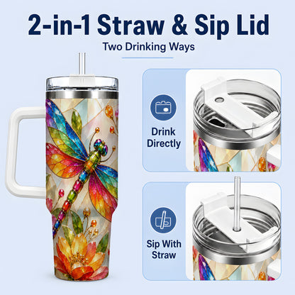 #pl[40oz|White] Dragonfly Stained Glass Tumbler 40oz, Floral Nature Artwork Design