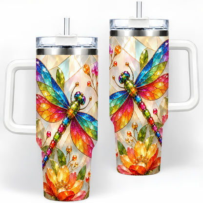 Dragonfly Stained Glass Tumbler 40oz, Floral Nature Artwork Design