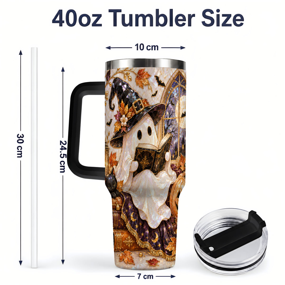 #pl[40oz|Black] Halloween Ghost Tumbler 40oz, Witchy Book Reading Art for Book Lovers