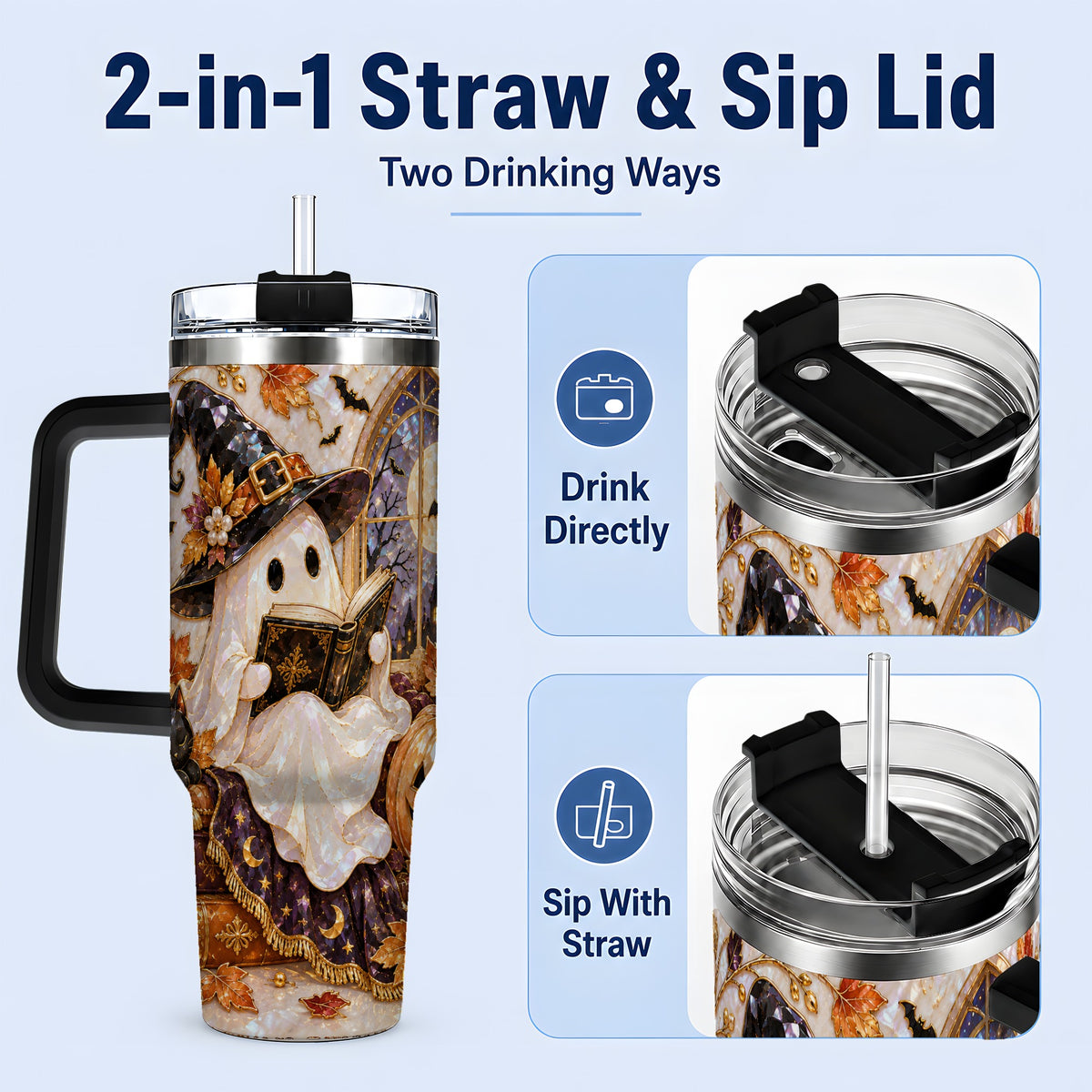 #pl[40oz|Black] Halloween Ghost Tumbler 40oz, Witchy Book Reading Art for Book Lovers
