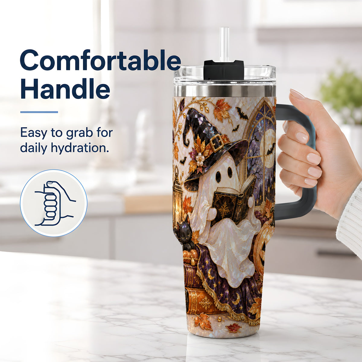 #pl[40oz|Black] Halloween Ghost Tumbler 40oz, Witchy Book Reading Art for Book Lovers