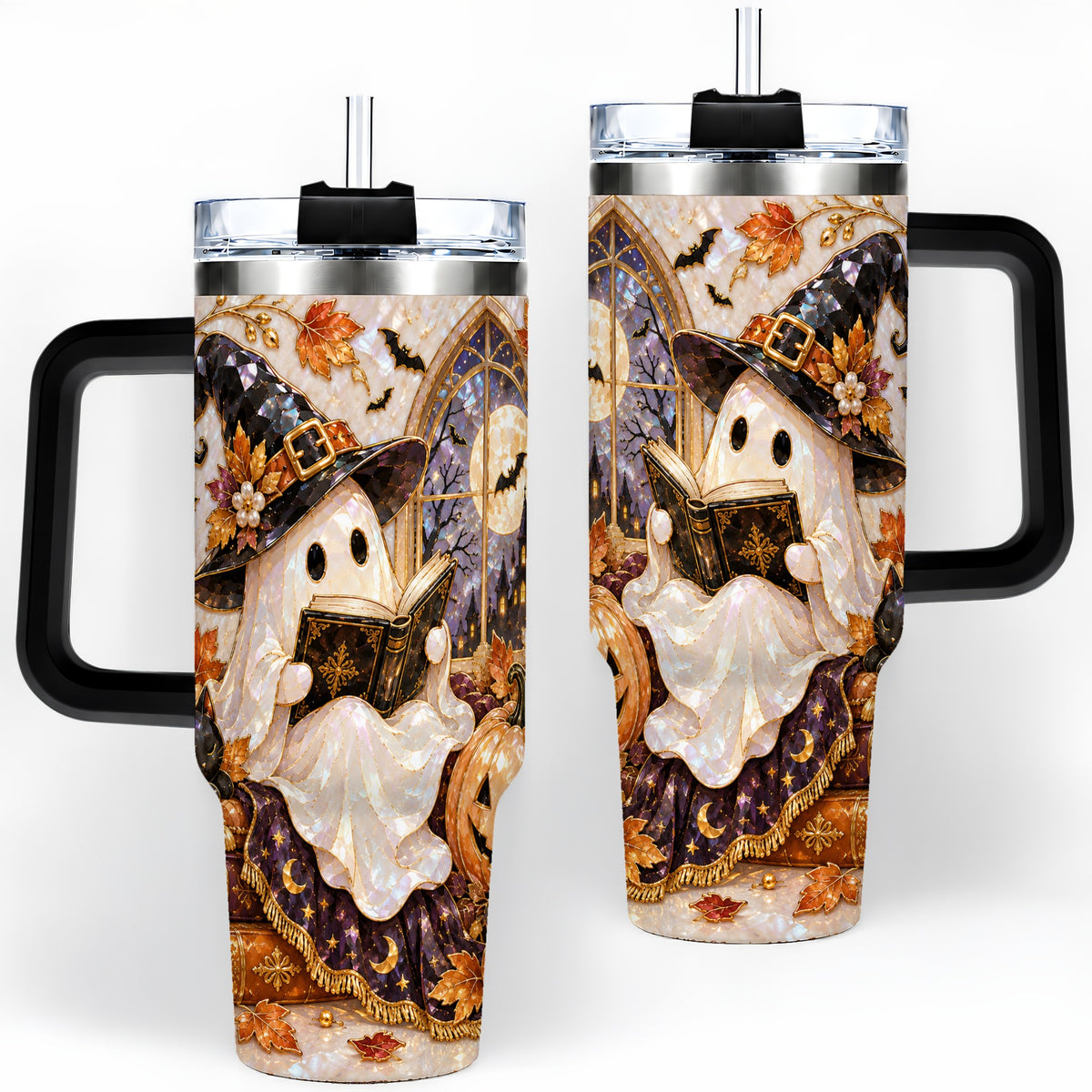 #pl[40oz|Black] Halloween Ghost Tumbler 40oz, Witchy Book Reading Art for Book Lovers