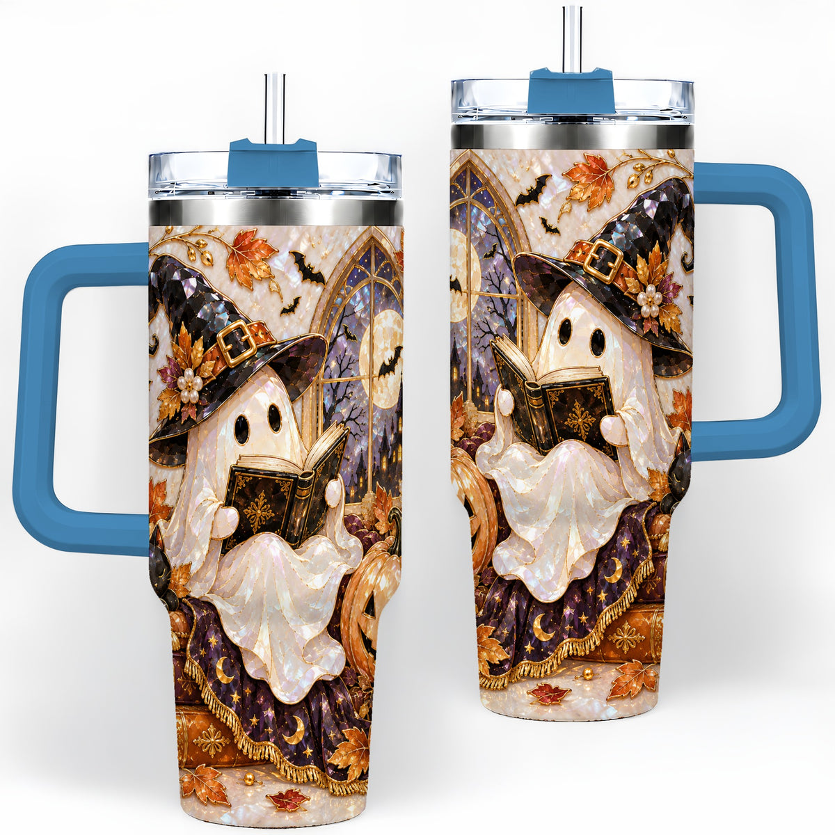#pl[40oz|Blue] Halloween Ghost Tumbler 40oz, Witchy Book Reading Art for Book Lovers