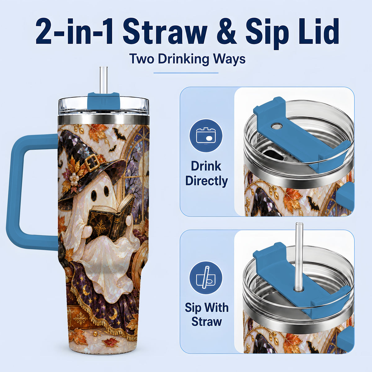 #pl[40oz|Blue] Halloween Ghost Tumbler 40oz, Witchy Book Reading Art for Book Lovers