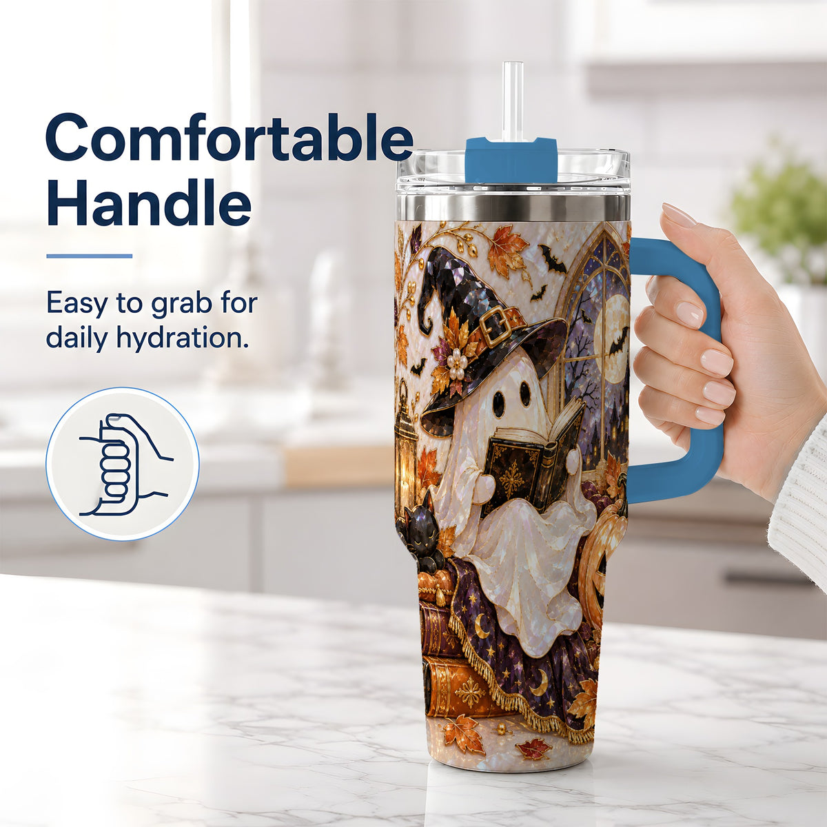 #pl[40oz|Blue] Halloween Ghost Tumbler 40oz, Witchy Book Reading Art for Book Lovers