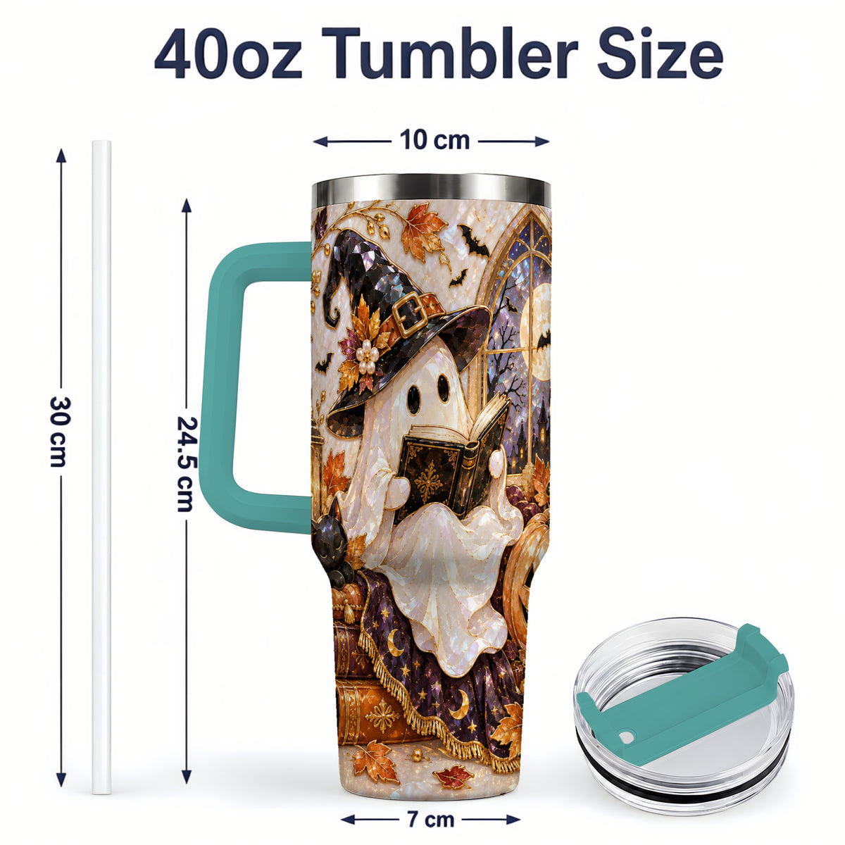 #pl[40oz|Green] Halloween Ghost Tumbler 40oz, Witchy Book Reading Art for Book Lovers