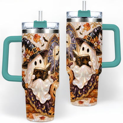 #pl[40oz|Green] Halloween Ghost Tumbler 40oz, Witchy Book Reading Art for Book Lovers