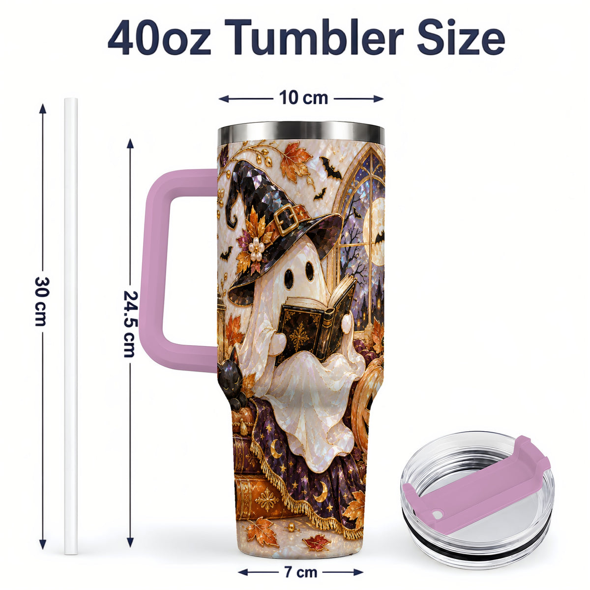 #pl[40oz|Pink] Halloween Ghost Tumbler 40oz, Witchy Book Reading Art for Book Lovers