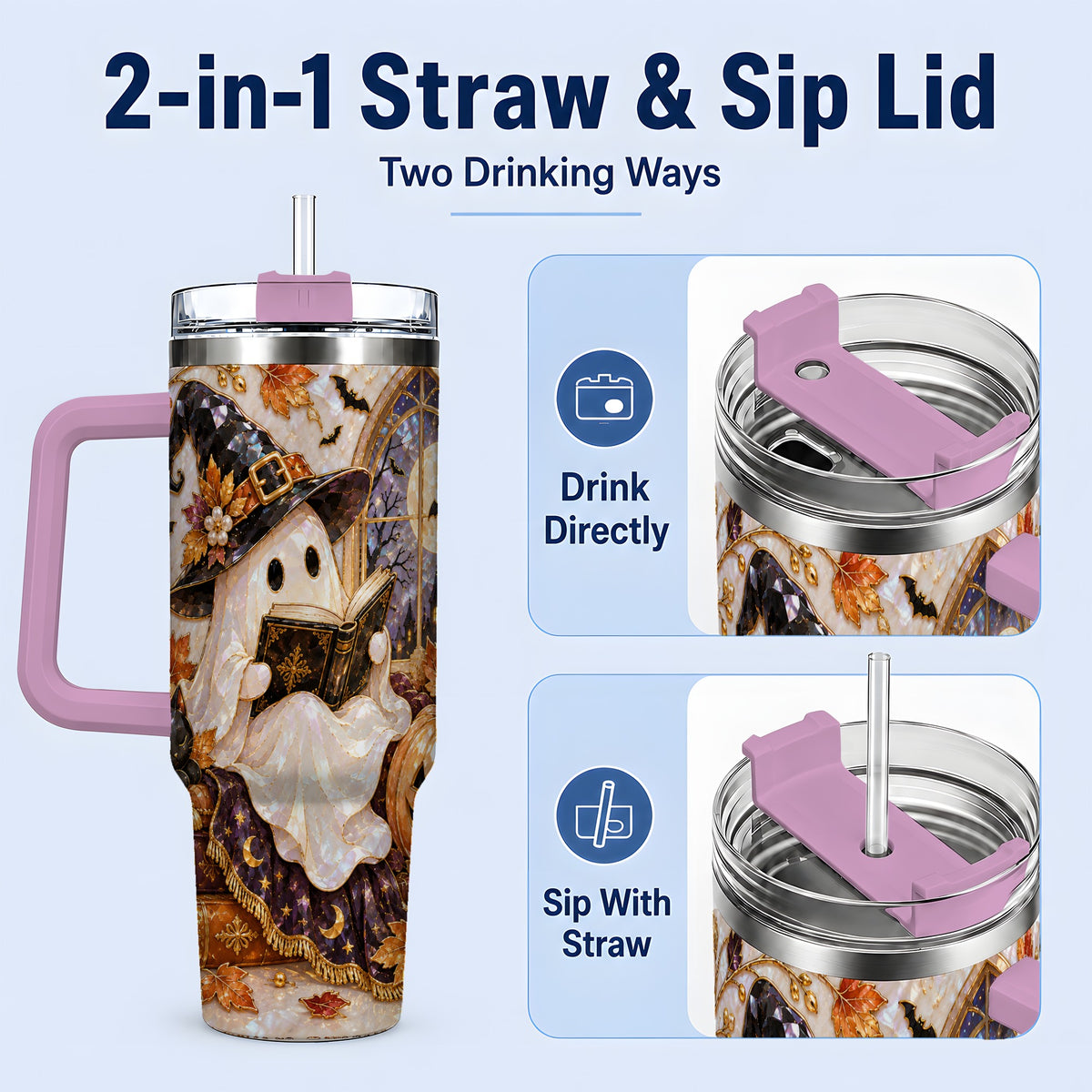 #pl[40oz|Pink] Halloween Ghost Tumbler 40oz, Witchy Book Reading Art for Book Lovers