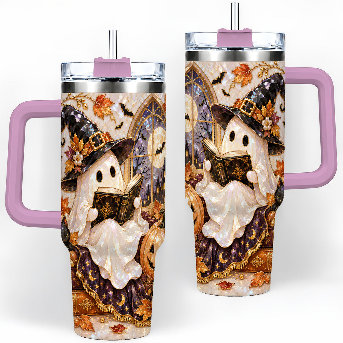 #pl[40oz|Pink] Halloween Ghost Tumbler 40oz, Witchy Book Reading Art for Book Lovers