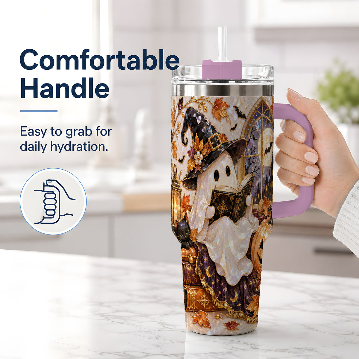 #pl[40oz|Pink] Halloween Ghost Tumbler 40oz, Witchy Book Reading Art for Book Lovers