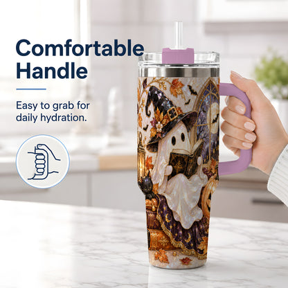 #pl[40oz|Pink] Halloween Ghost Tumbler 40oz, Witchy Book Reading Art for Book Lovers