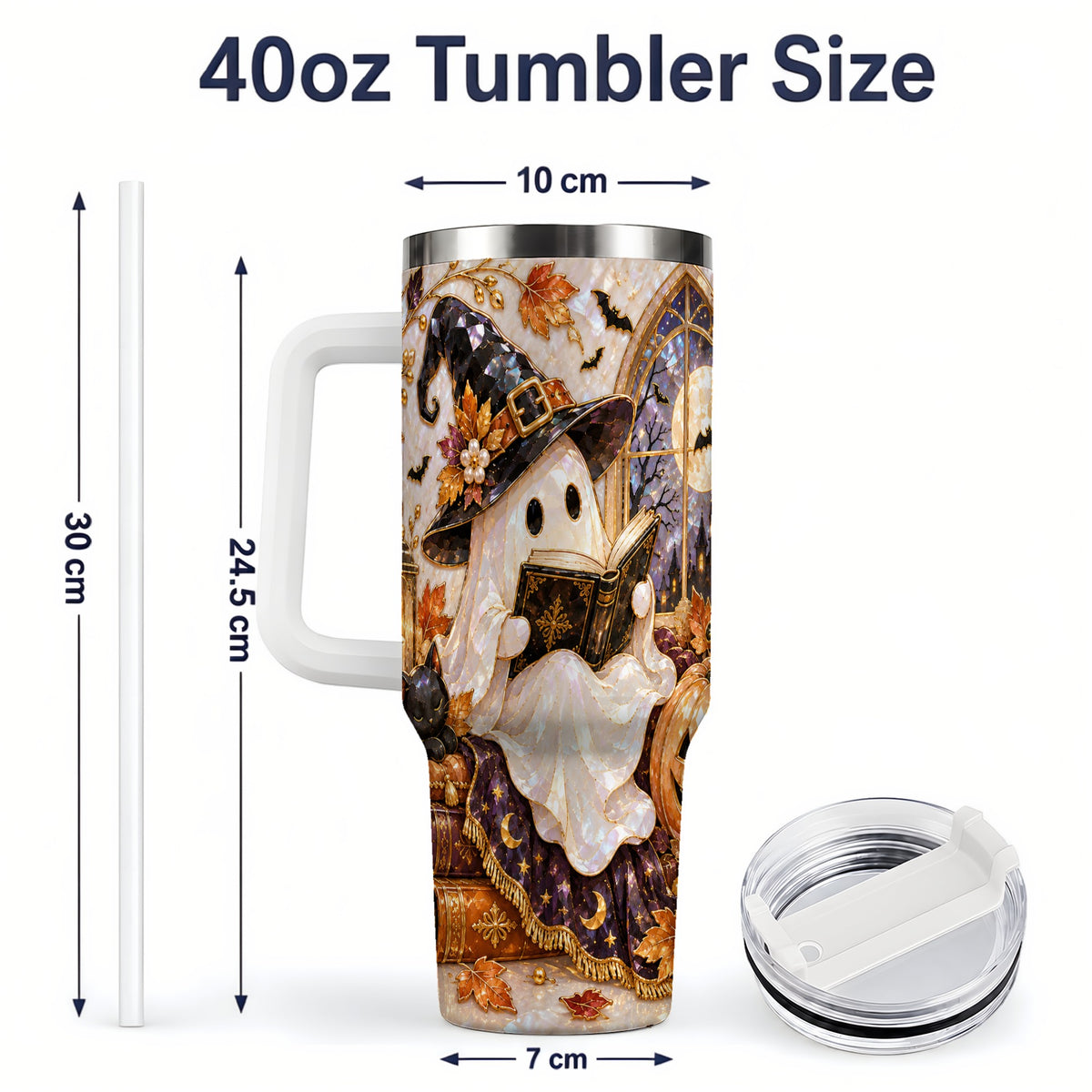 #pl[40oz|White] Halloween Ghost Tumbler 40oz, Witchy Book Reading Art for Book Lovers