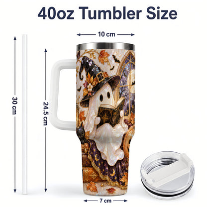 #pl[40oz|White] Halloween Ghost Tumbler 40oz, Witchy Book Reading Art for Book Lovers