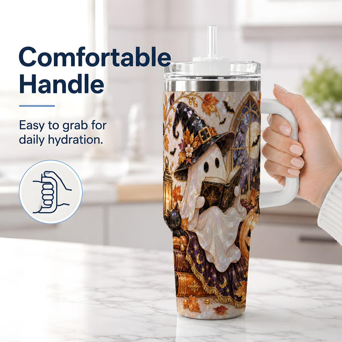 #pl[40oz|White] Halloween Ghost Tumbler 40oz, Witchy Book Reading Art for Book Lovers
