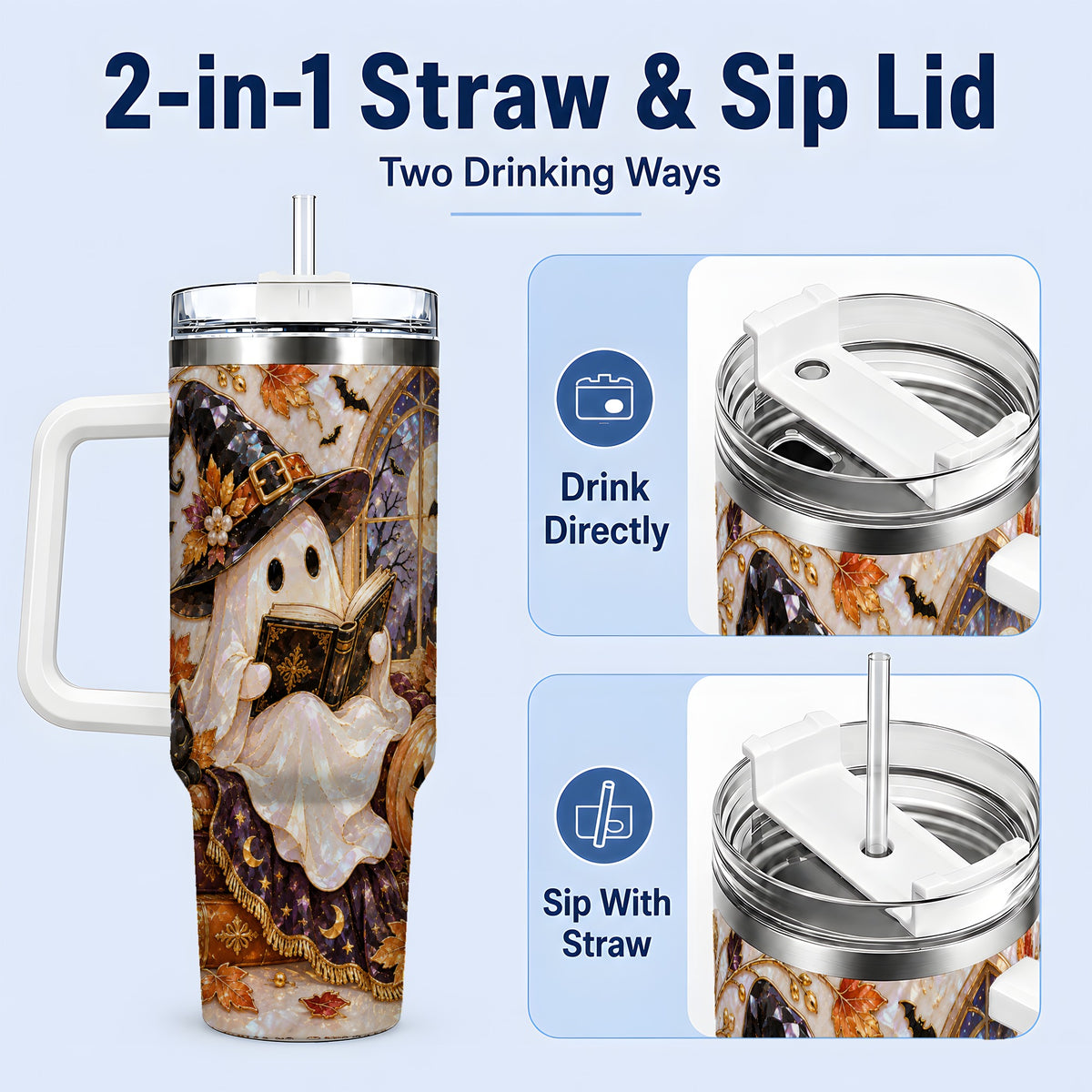 #pl[40oz|White] Halloween Ghost Tumbler 40oz, Witchy Book Reading Art for Book Lovers