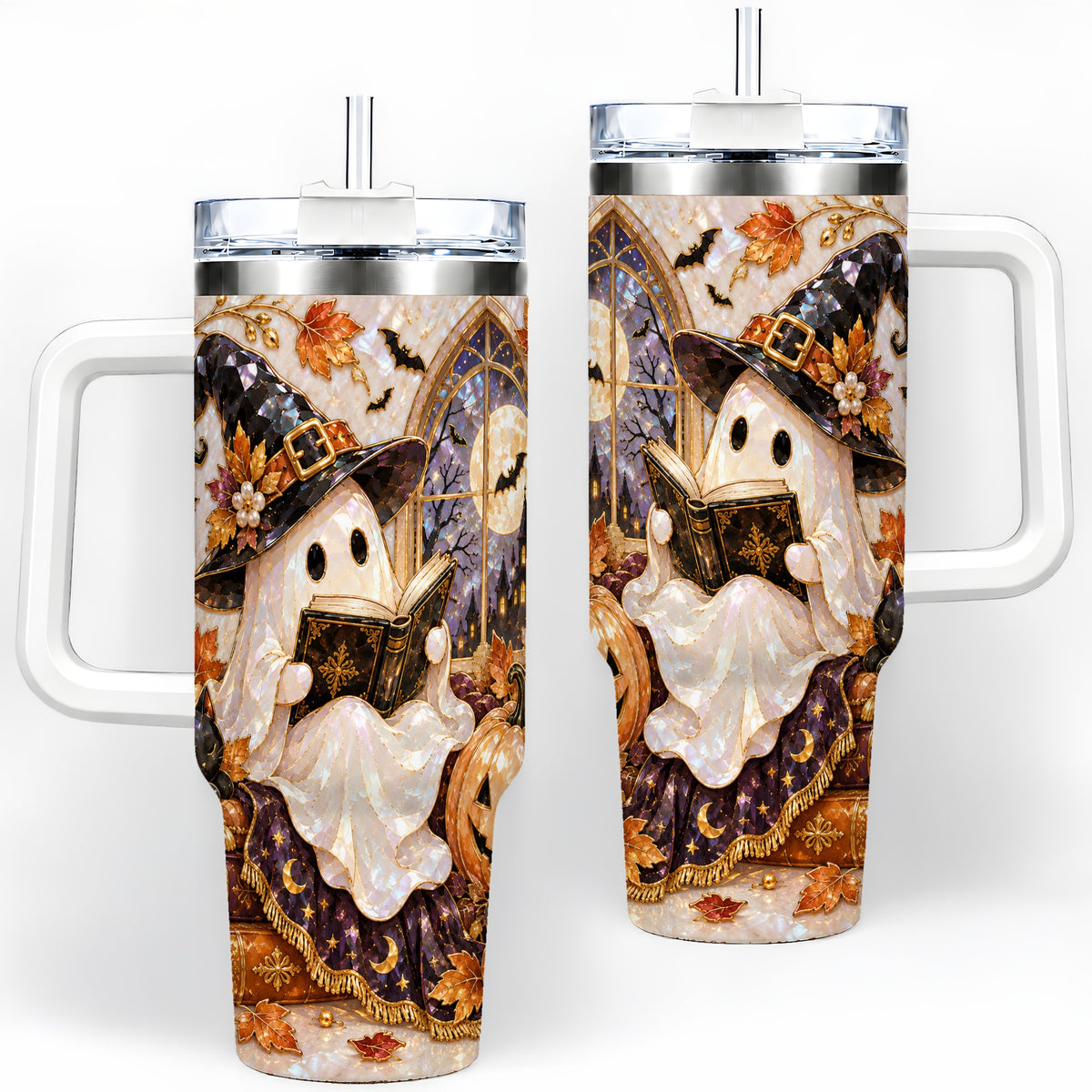 Halloween Ghost Tumbler 40oz, Witchy Book Reading Art for Book Lovers