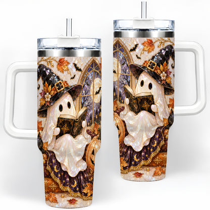 Halloween Ghost Tumbler 40oz, Witchy Book Reading Art for Book Lovers