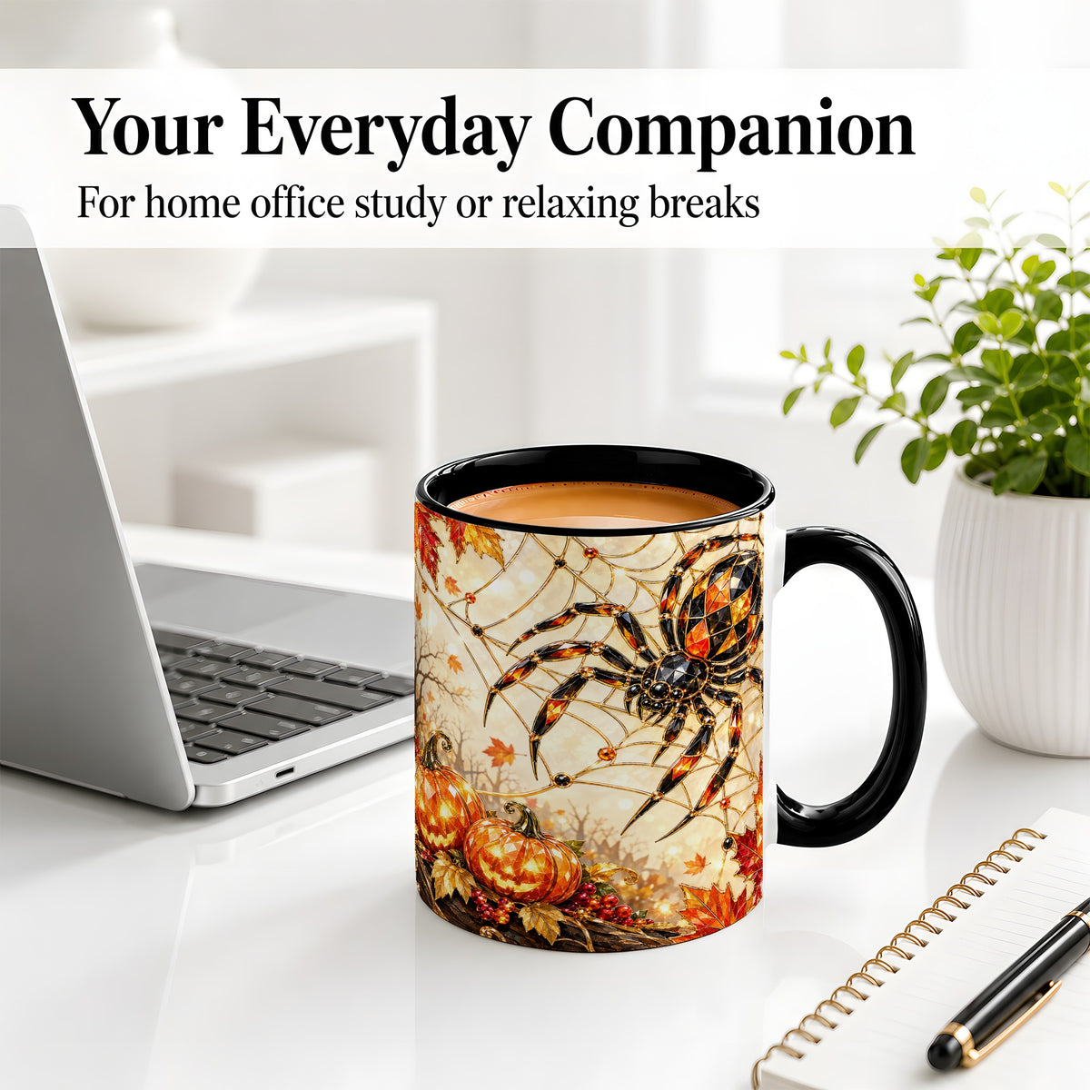 #pl[11oz|Black] Halloween Spider Web Ceramic Mug, Jack-O-Lantern Artwork