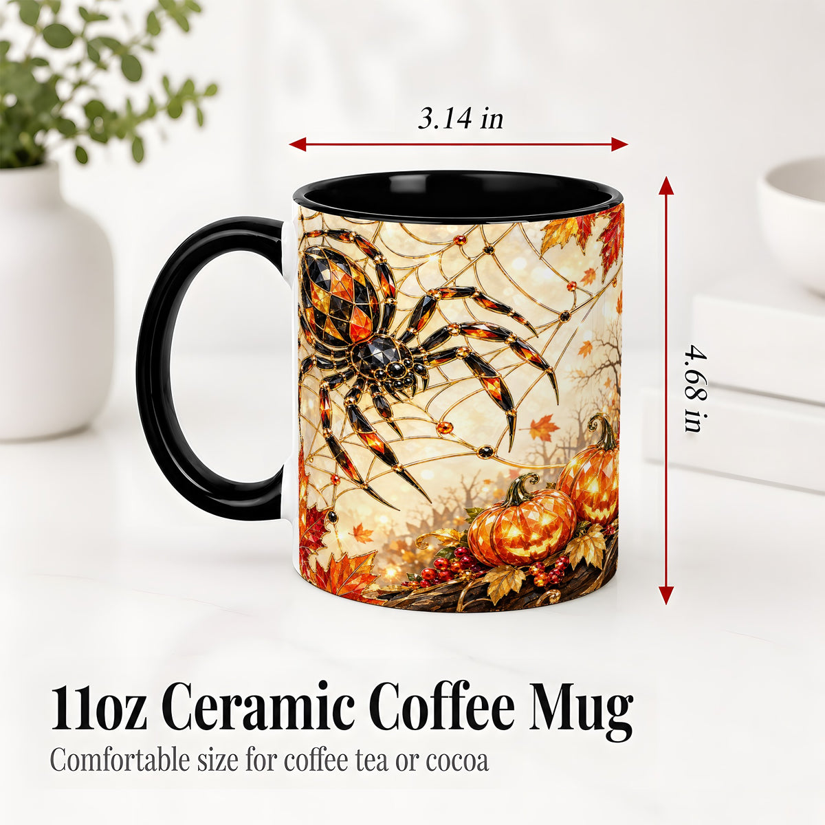 #pl[11oz|Black] Halloween Spider Web Ceramic Mug, Jack-O-Lantern Artwork
