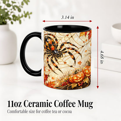 #pl[11oz|Black] Halloween Spider Web Ceramic Mug, Jack-O-Lantern Artwork