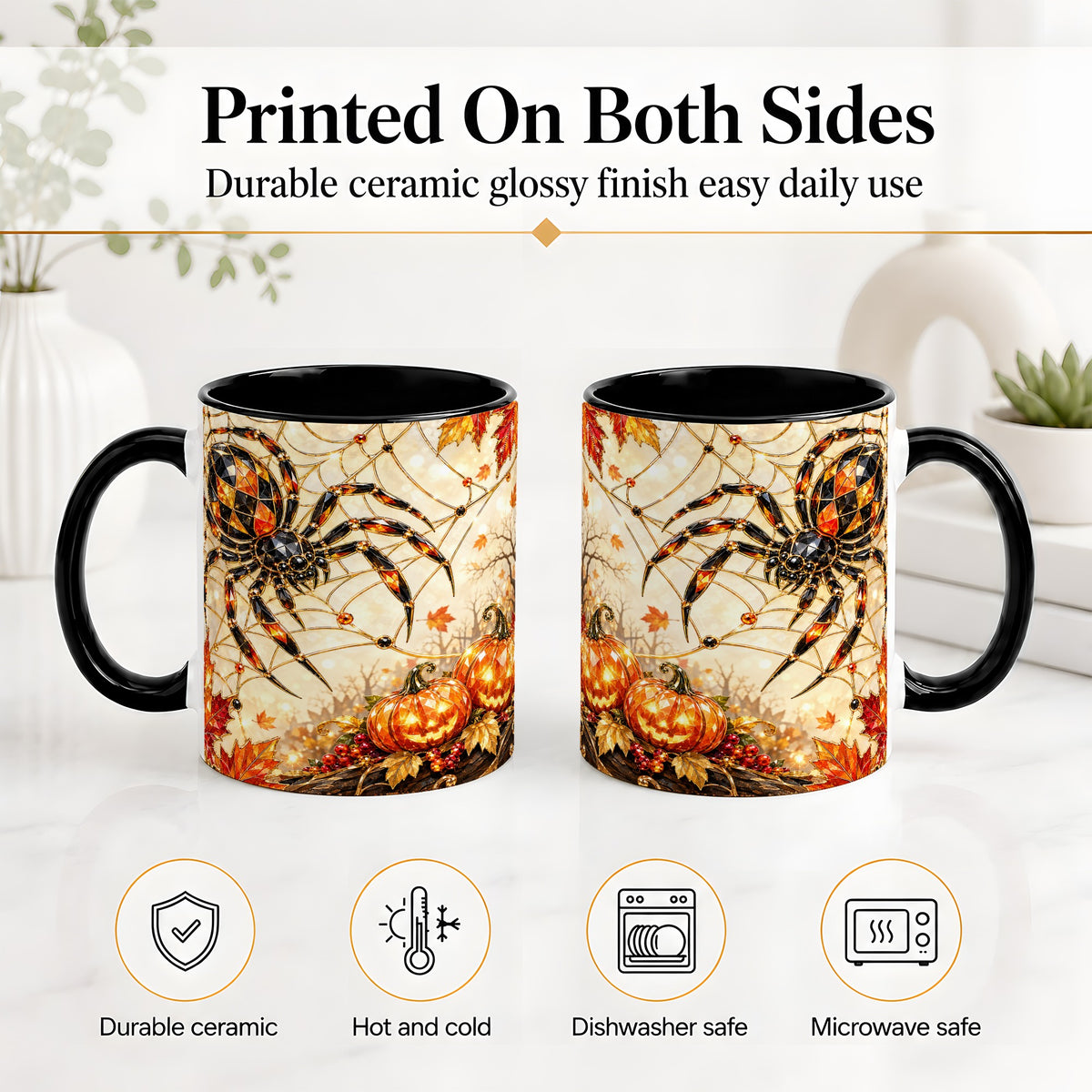 #pl[11oz|Black] Halloween Spider Web Ceramic Mug, Jack-O-Lantern Artwork