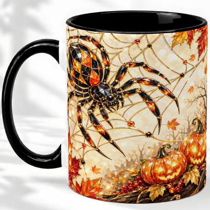 #pl[11oz|Black] Halloween Spider Web Ceramic Mug, Jack-O-Lantern Artwork