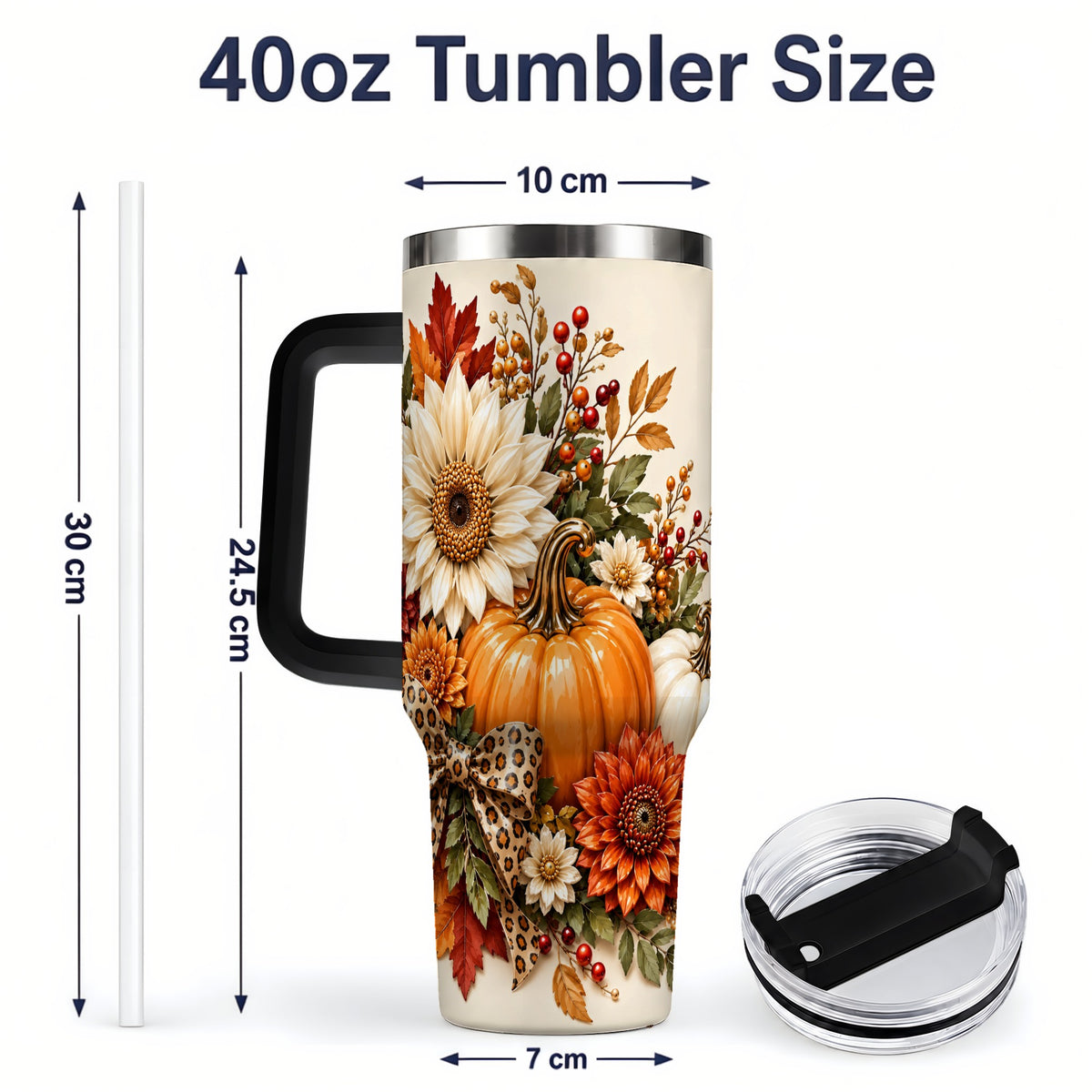 #pl[40oz|Black] Autumn Pumpkin Tumbler 40oz, Sunflower Leopard Bow Seasonal Artwork