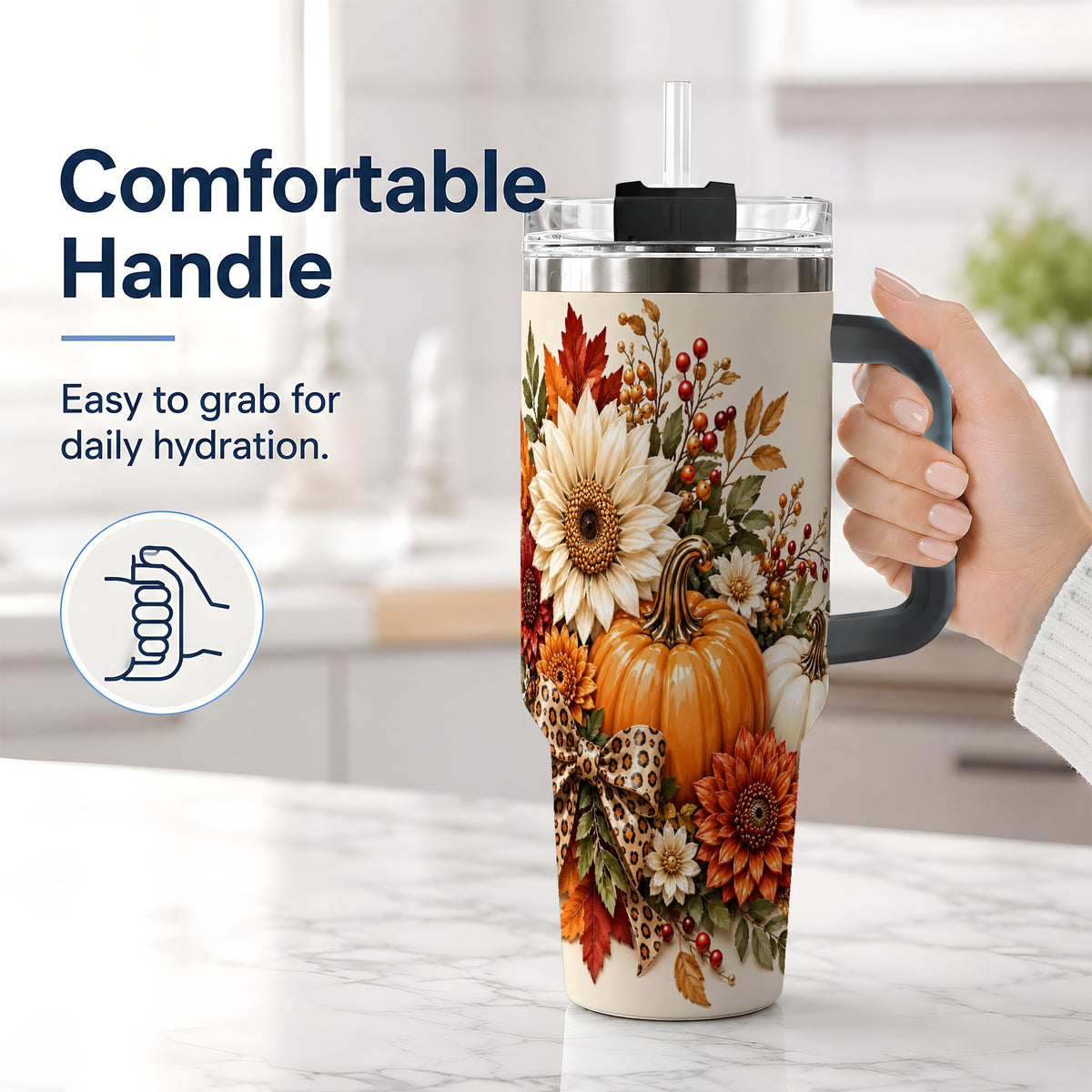 #pl[40oz|Black] Autumn Pumpkin Tumbler 40oz, Sunflower Leopard Bow Seasonal Artwork
