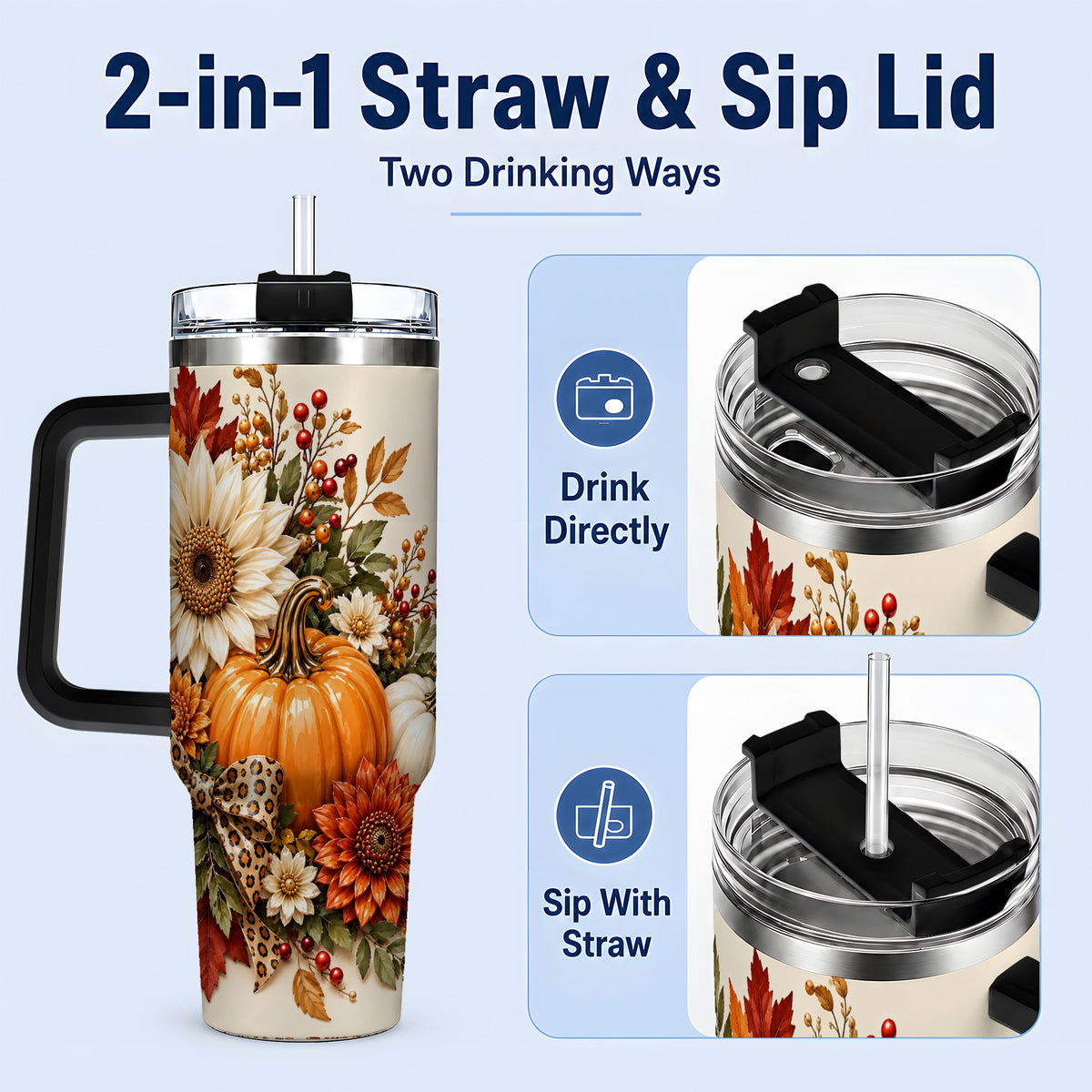 #pl[40oz|Black] Autumn Pumpkin Tumbler 40oz, Sunflower Leopard Bow Seasonal Artwork