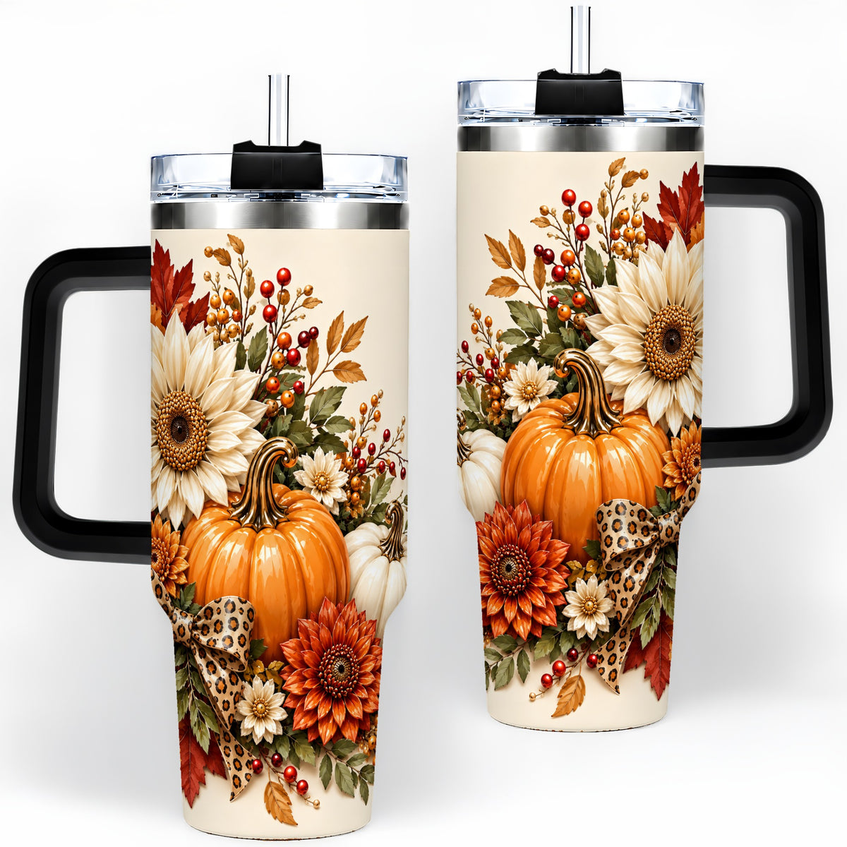 #pl[40oz|Black] Autumn Pumpkin Tumbler 40oz, Sunflower Leopard Bow Seasonal Artwork