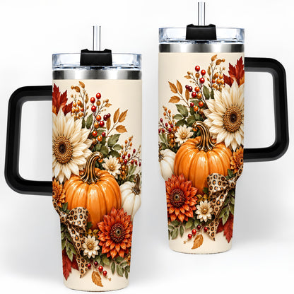 #pl[40oz|Black] Autumn Pumpkin Tumbler 40oz, Sunflower Leopard Bow Seasonal Artwork