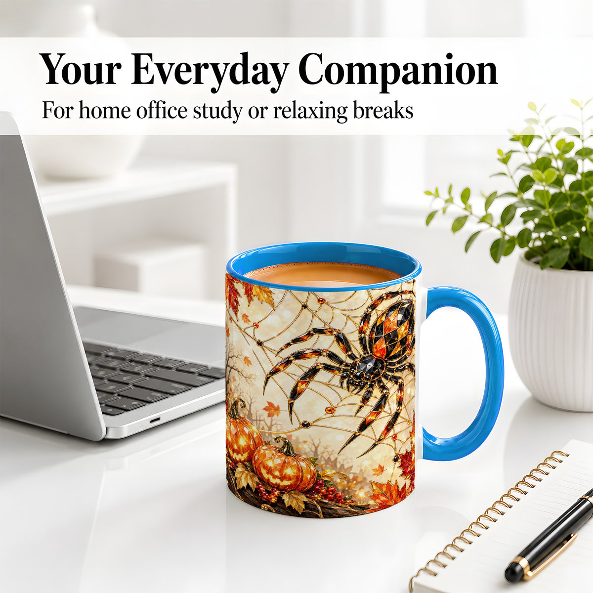 #pl[11oz|Blue] Halloween Spider Web Ceramic Mug, Jack-O-Lantern Artwork