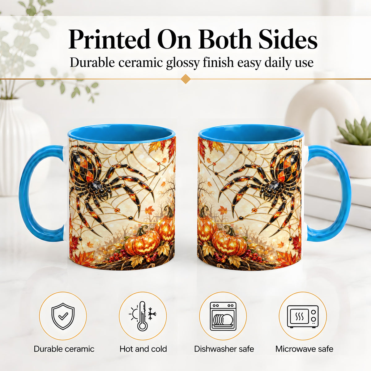 #pl[11oz|Blue] Halloween Spider Web Ceramic Mug, Jack-O-Lantern Artwork