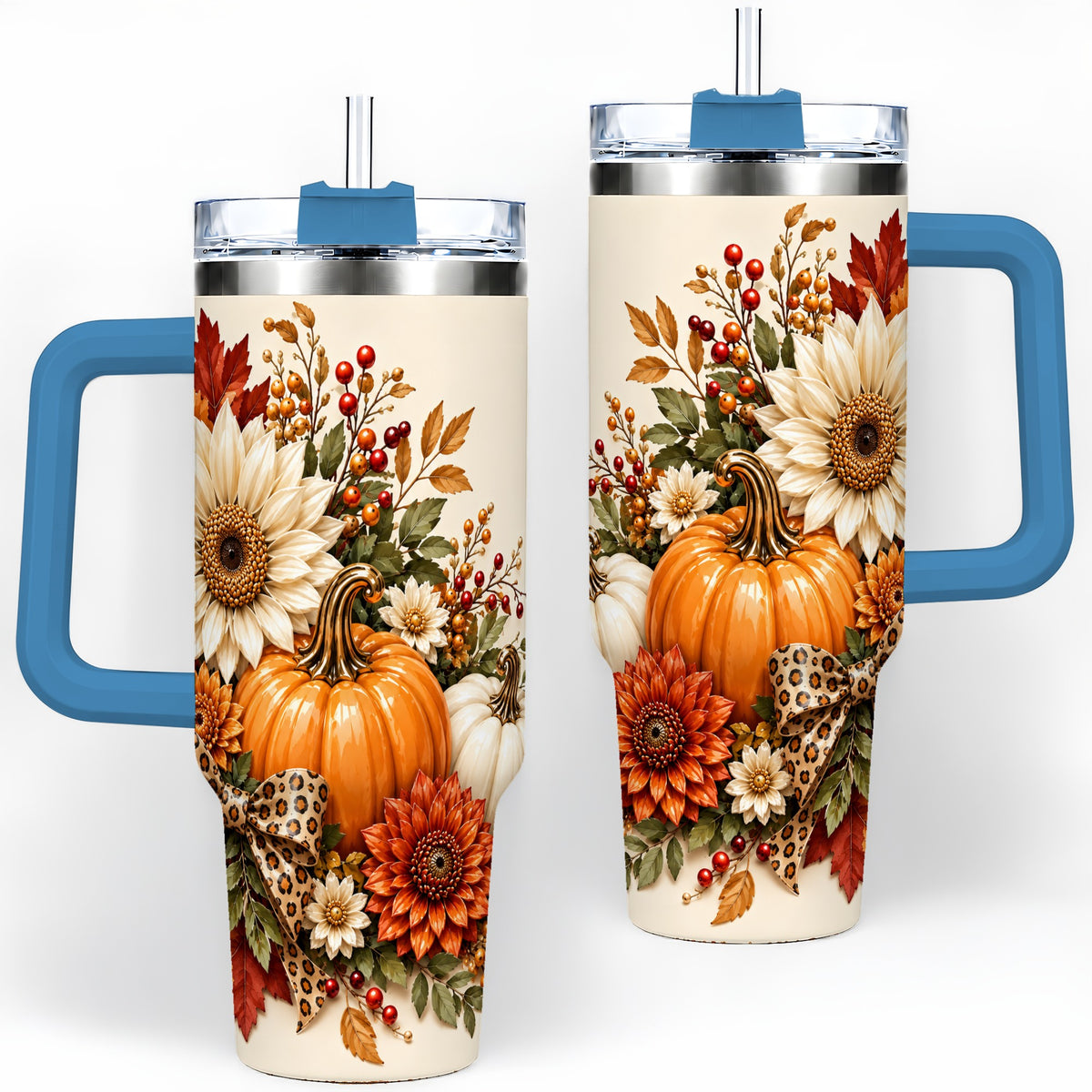 #pl[40oz|Blue] Autumn Pumpkin Tumbler 40oz, Sunflower Leopard Bow Seasonal Artwork