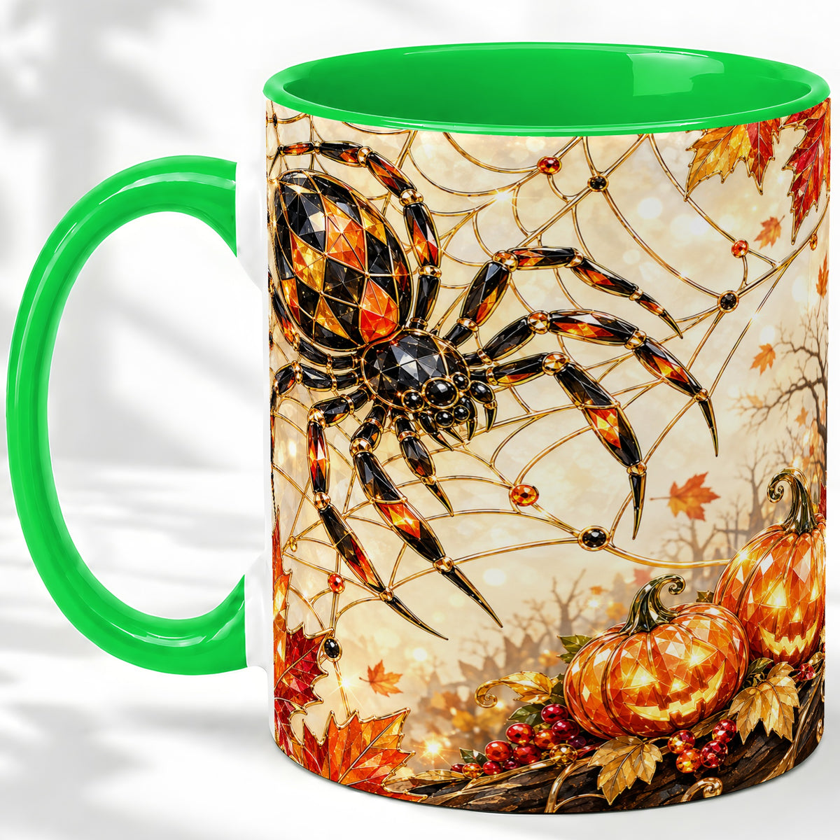 #pl[11oz|Green] Halloween Spider Web Ceramic Mug, Jack-O-Lantern Artwork