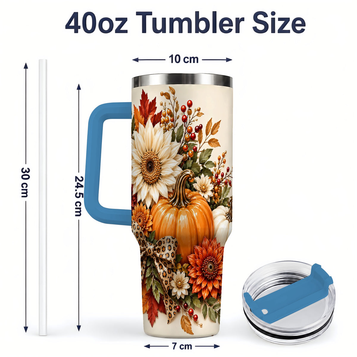 #pl[40oz|Blue] Autumn Pumpkin Tumbler 40oz, Sunflower Leopard Bow Seasonal Artwork
