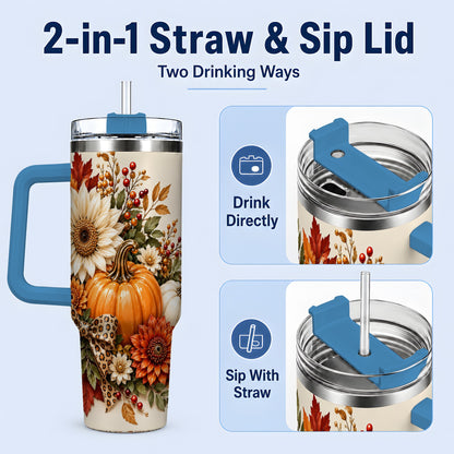 #pl[40oz|Blue] Autumn Pumpkin Tumbler 40oz, Sunflower Leopard Bow Seasonal Artwork
