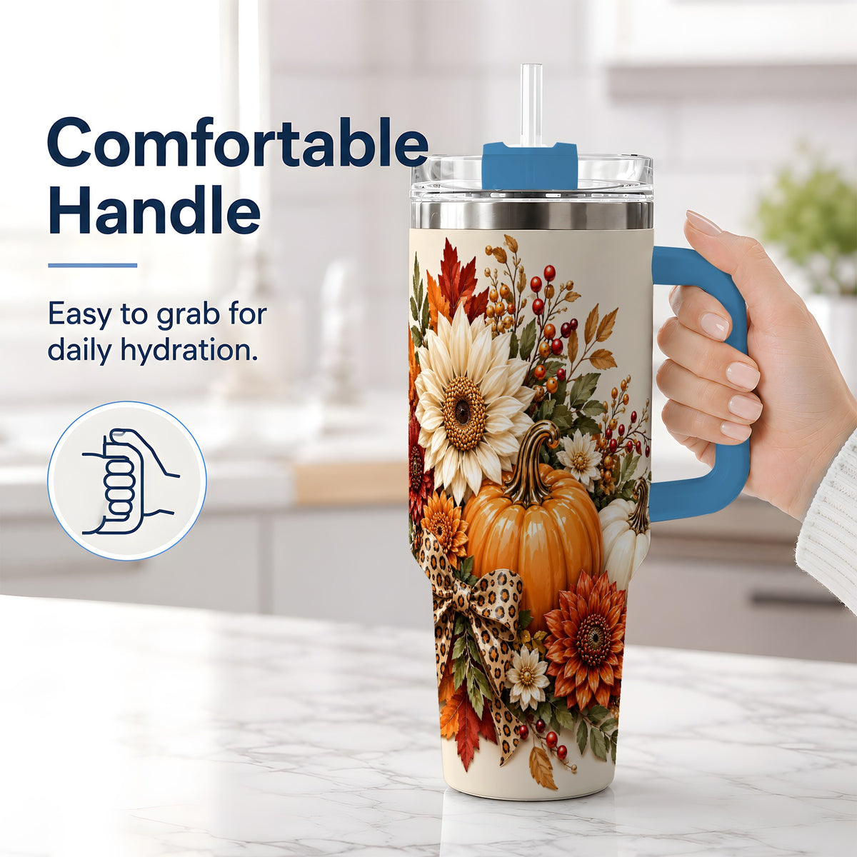 #pl[40oz|Blue] Autumn Pumpkin Tumbler 40oz, Sunflower Leopard Bow Seasonal Artwork