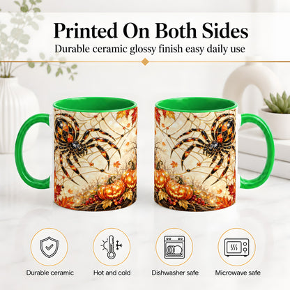 #pl[11oz|Green] Halloween Spider Web Ceramic Mug, Jack-O-Lantern Artwork
