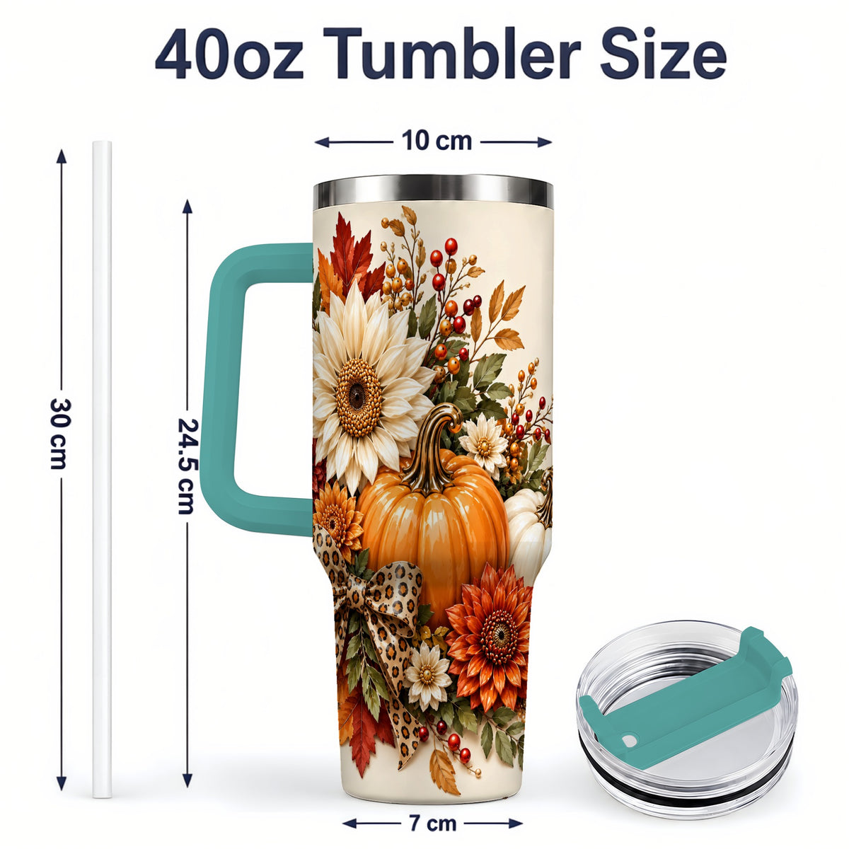 #pl[40oz|Green] Autumn Pumpkin Tumbler 40oz, Sunflower Leopard Bow Seasonal Artwork
