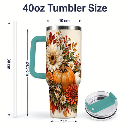 #pl[40oz|Green] Autumn Pumpkin Tumbler 40oz, Sunflower Leopard Bow Seasonal Artwork