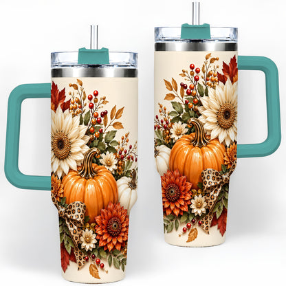 #pl[40oz|Green] Autumn Pumpkin Tumbler 40oz, Sunflower Leopard Bow Seasonal Artwork