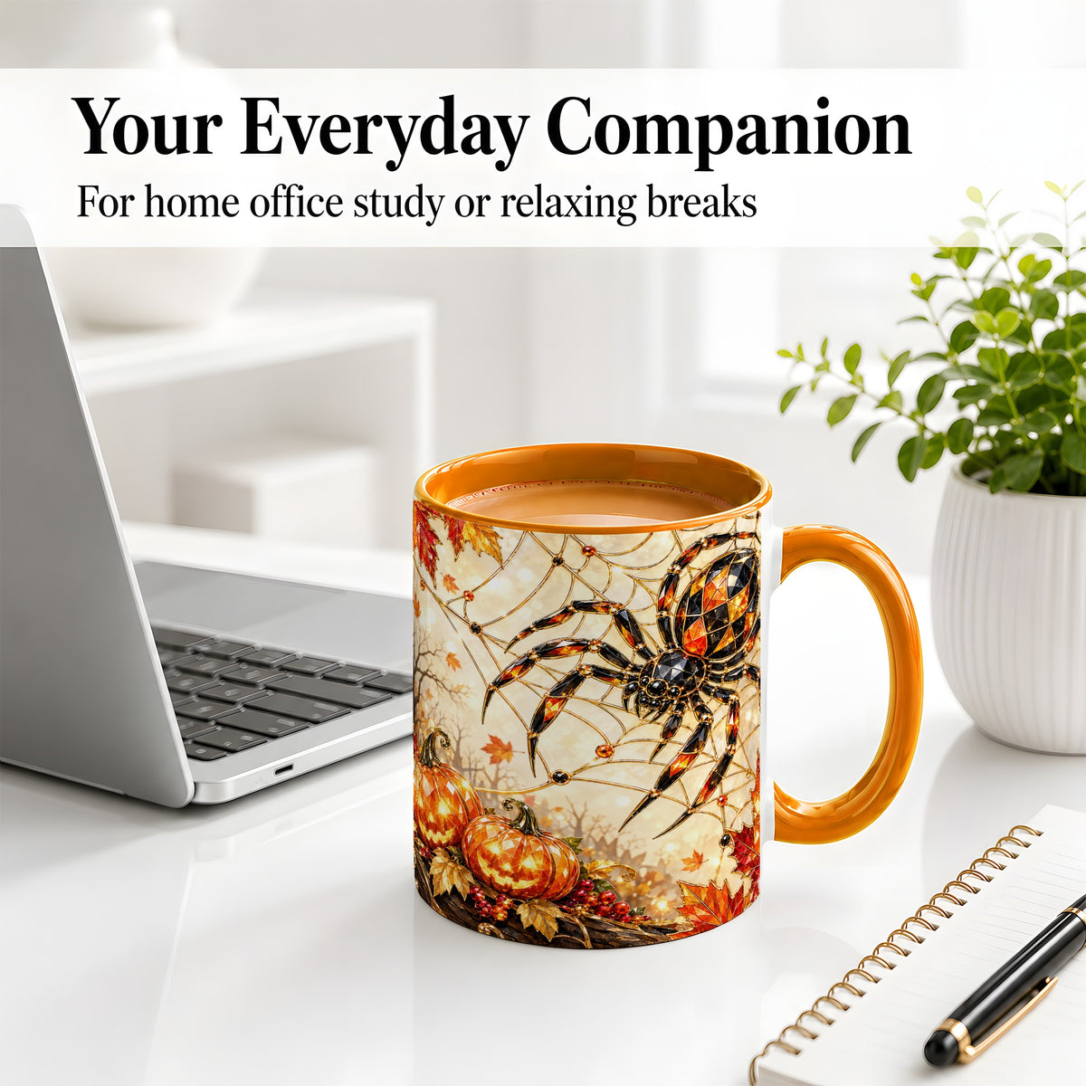 #pl[11oz|Orange] Halloween Spider Web Ceramic Mug, Jack-O-Lantern Artwork