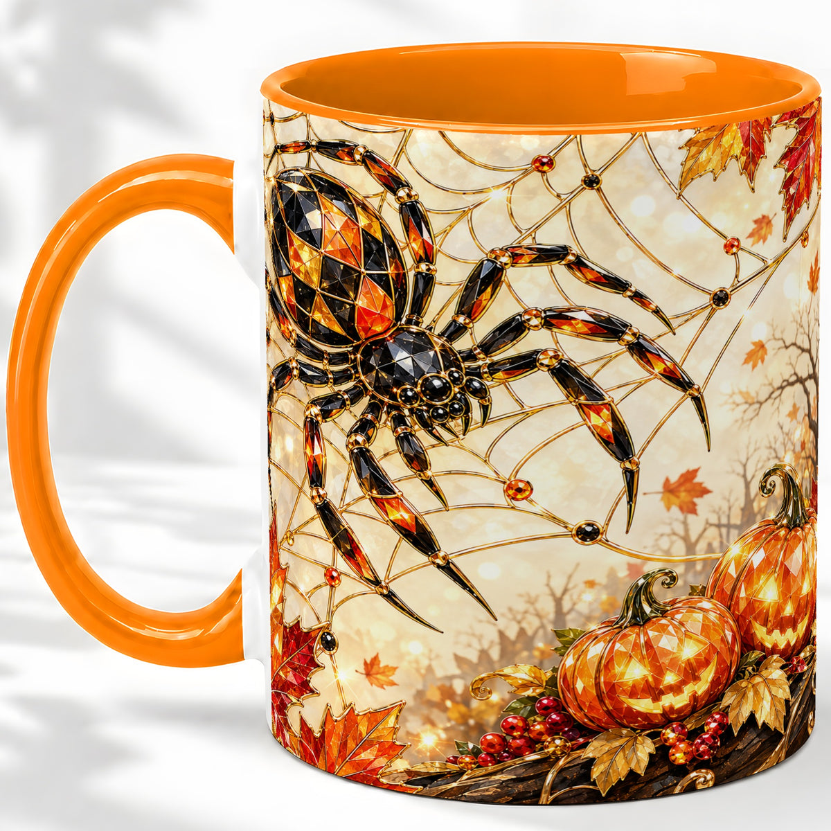 #pl[11oz|Orange] Halloween Spider Web Ceramic Mug, Jack-O-Lantern Artwork