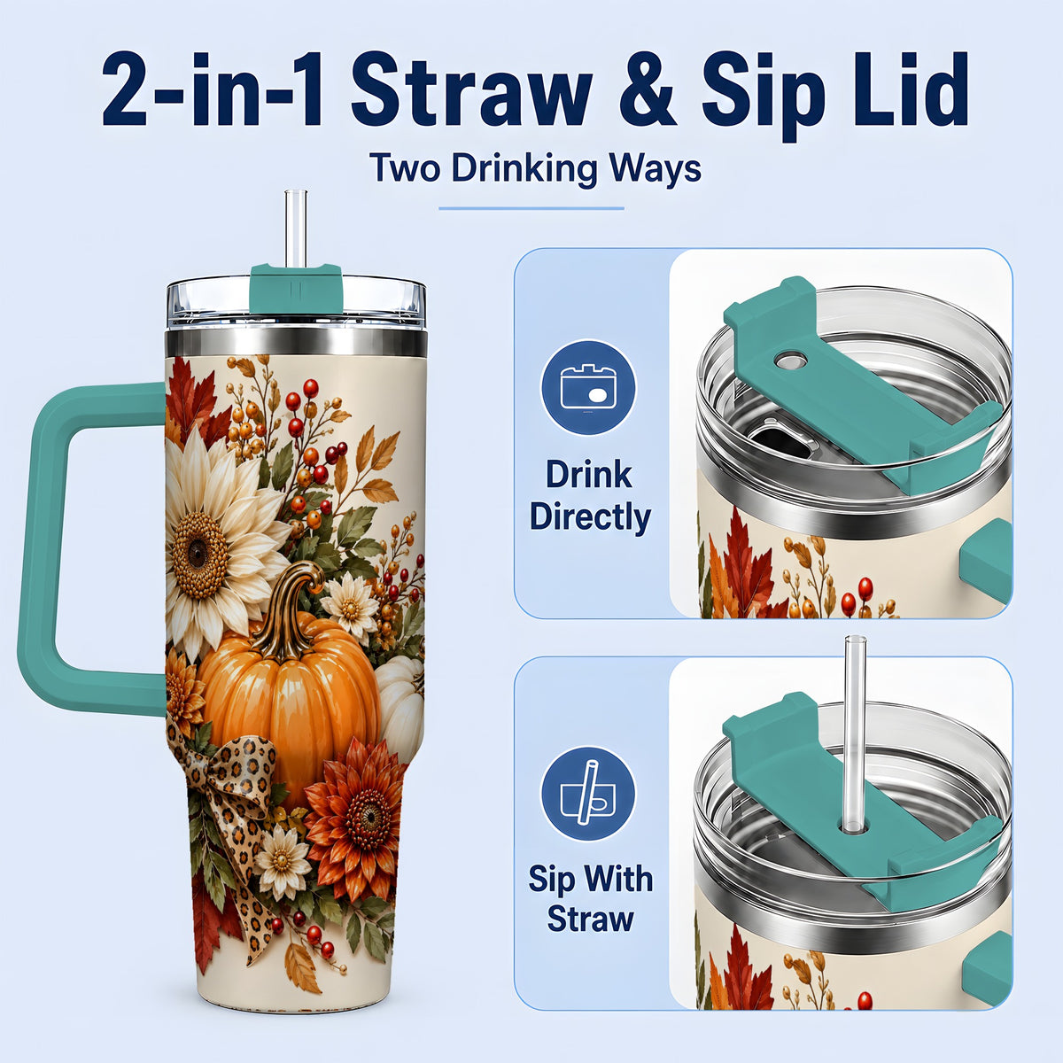 #pl[40oz|Green] Autumn Pumpkin Tumbler 40oz, Sunflower Leopard Bow Seasonal Artwork