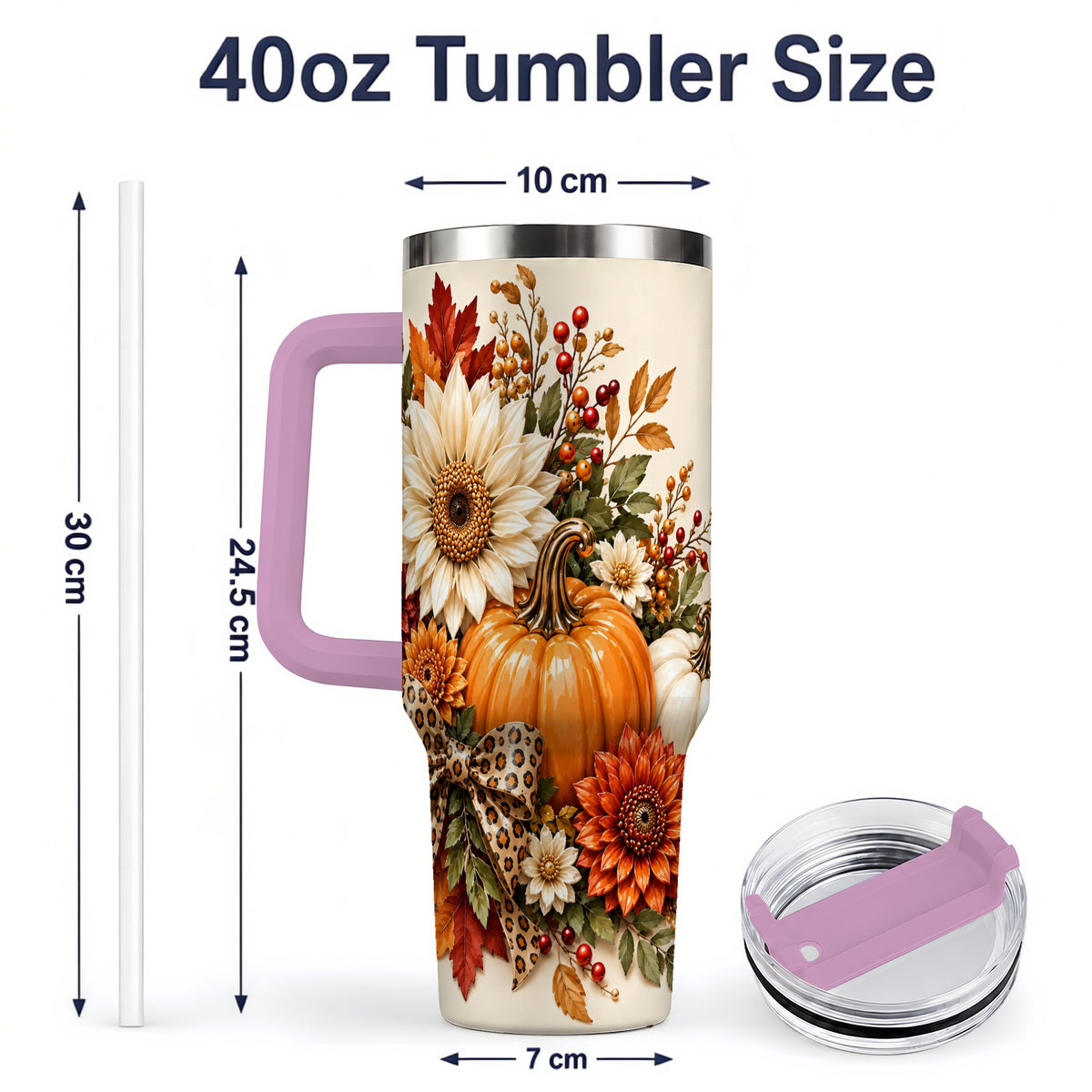#pl[40oz|Pink] Autumn Pumpkin Tumbler 40oz, Sunflower Leopard Bow Seasonal Artwork
