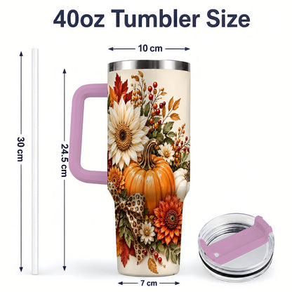 #pl[40oz|Pink] Autumn Pumpkin Tumbler 40oz, Sunflower Leopard Bow Seasonal Artwork