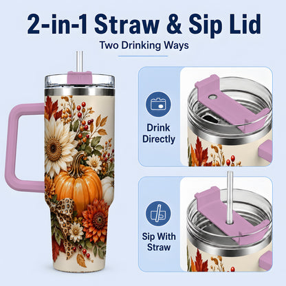#pl[40oz|Pink] Autumn Pumpkin Tumbler 40oz, Sunflower Leopard Bow Seasonal Artwork