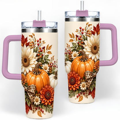#pl[40oz|Pink] Autumn Pumpkin Tumbler 40oz, Sunflower Leopard Bow Seasonal Artwork